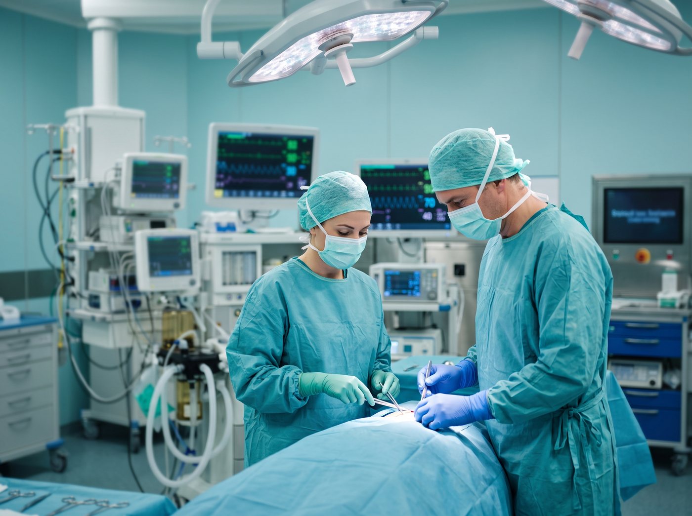Two clinicians working together in theatre