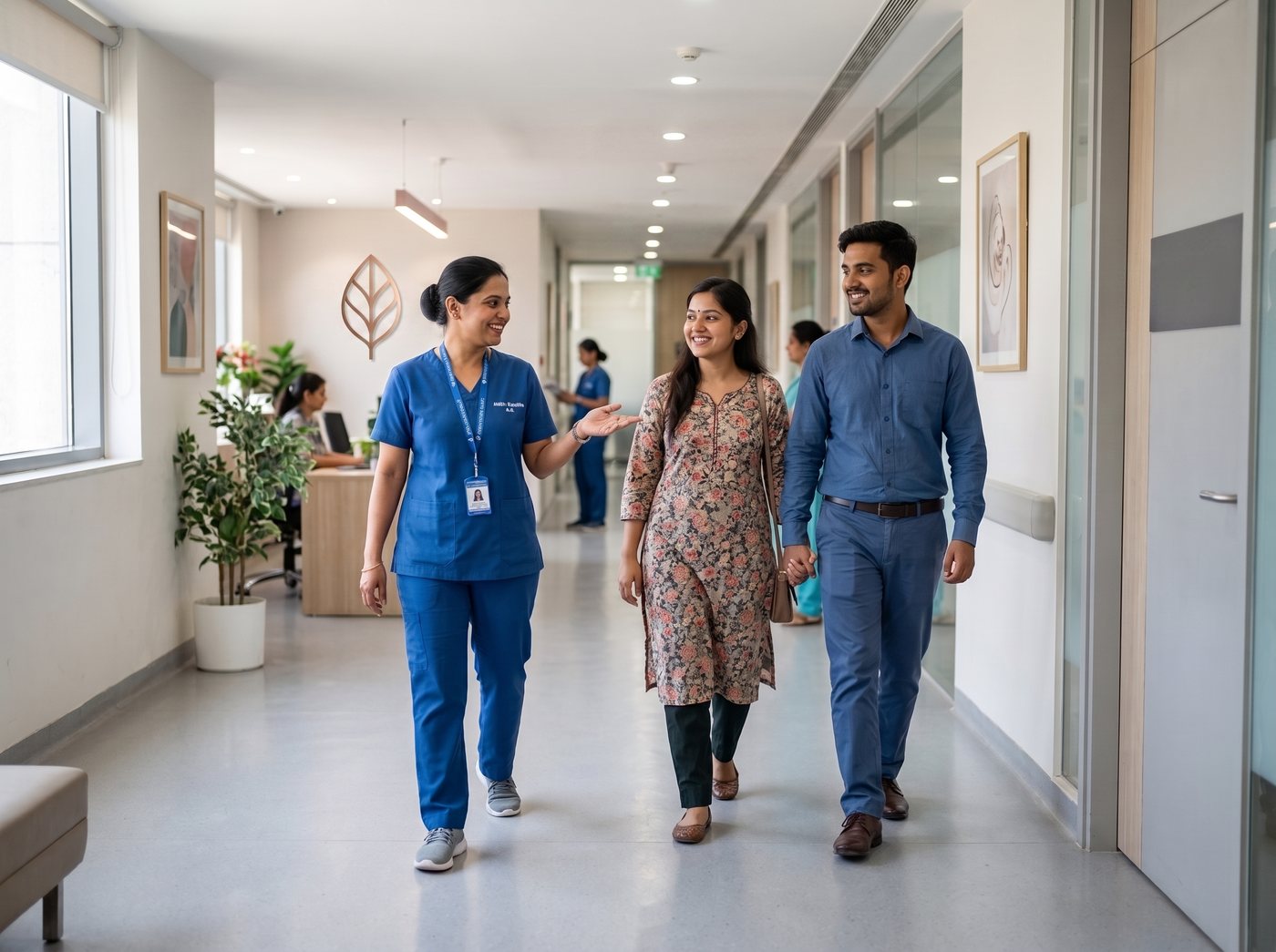 A member of the care team with patients at the centre